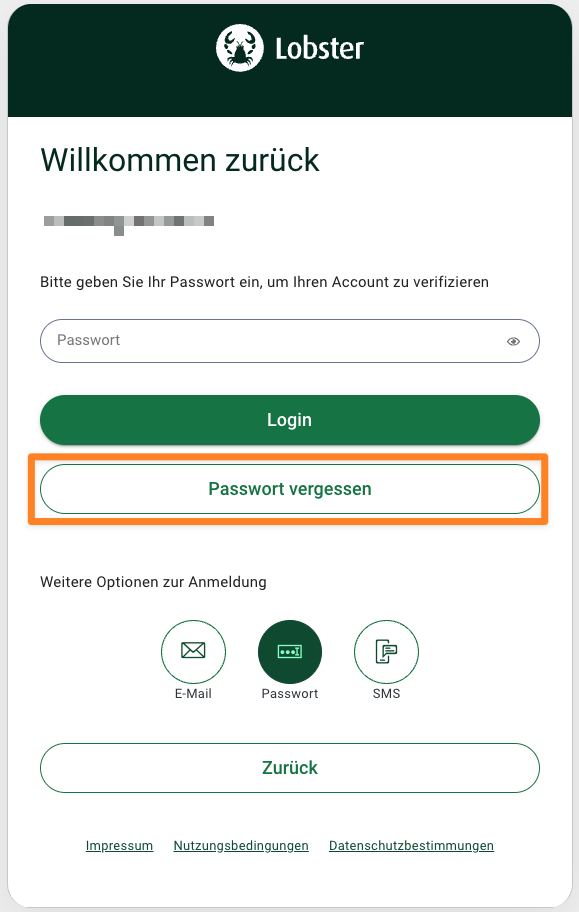 Login page for Lobster with options for password recovery and account verification.